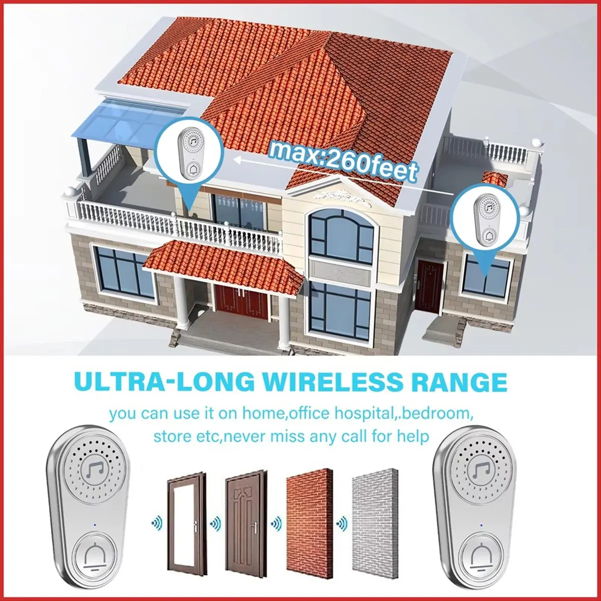 Y1648A~!#Wireless Intercom Call Button Doorbell for Disabled Older Child Call Silver