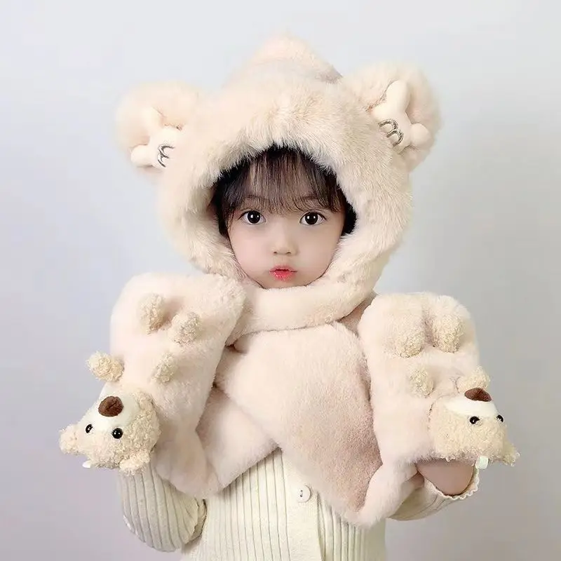Kids Fleece-Lined Winter Integrated Set: 3-in-1 Hooded Hat, Scarf & Gloves for Baby Cold Weather