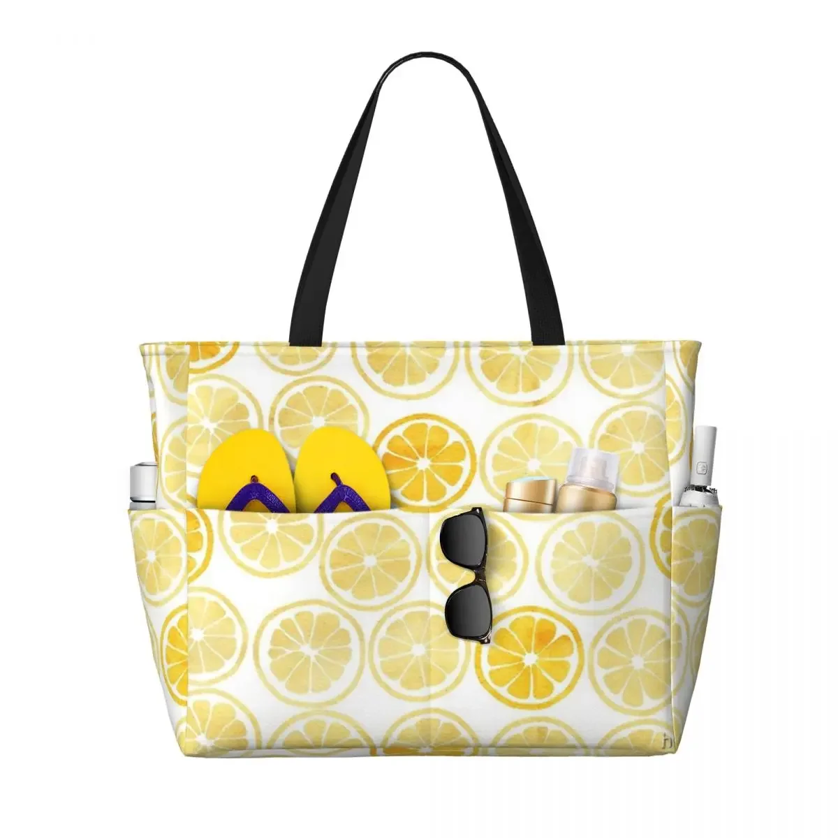 

Yellow Watercolor Lemon Slices Beach Travel Bag, Tote Retro Adult Gifts Shoulder Multi-Style Pattern