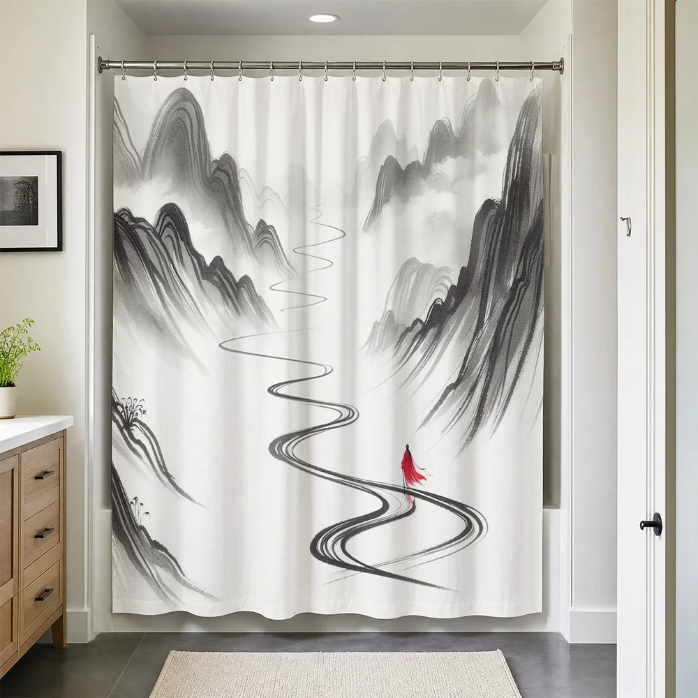 Abstract Chinese Landscape Shower Curtain Black Ink Mountain River Art Bathroom Decor Waterproof Shower Curtain