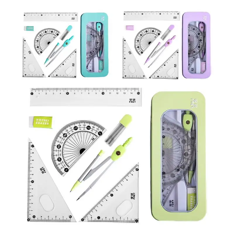 7PCS Stainless Steel Compass Set Math Geometry Tools with Eraser Ruler Student Carpenter Drafting Drawing School Supplies