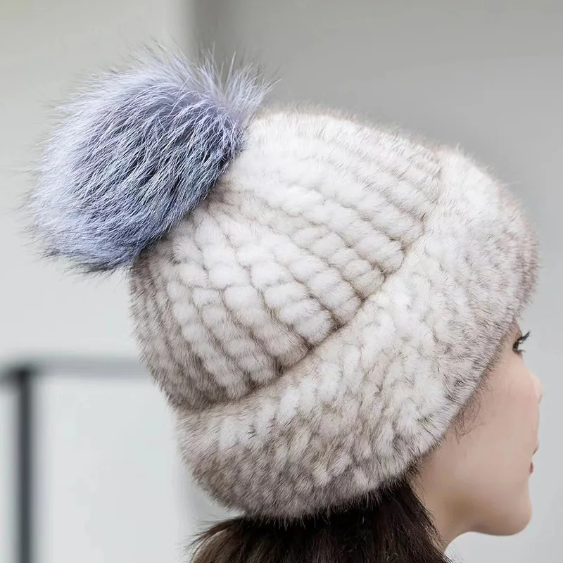 Hot Sale Fashion Mink Fox Hat Winter Warm Women Knitting Caps Mink Hats Vertical Weaving With FOX Fur On The Top