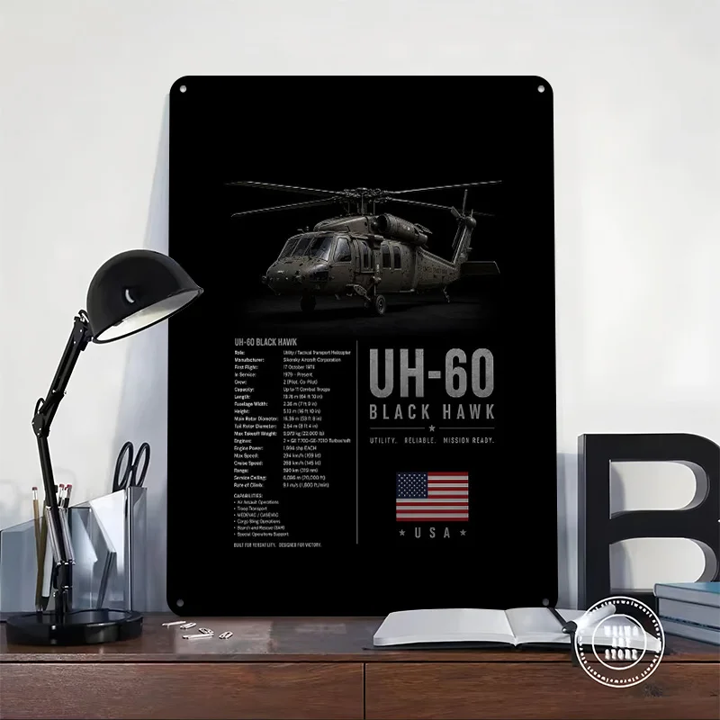 UH-60 Black Hawk Helicopter 3D Texture Metal Poster Customized Wall Art Tin Sign Gift for Mancave Funny Signs Wand Deko Decor