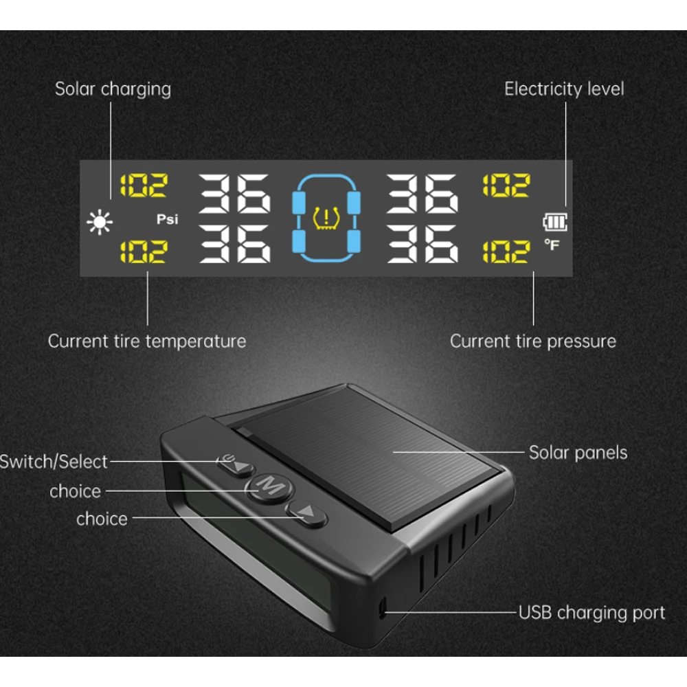 Solar TPMS Car Tire Pressure Alarm Digital Colorful Display 4 Or 6 External Sensors Waterproof Tire Pressure Temperature Warning