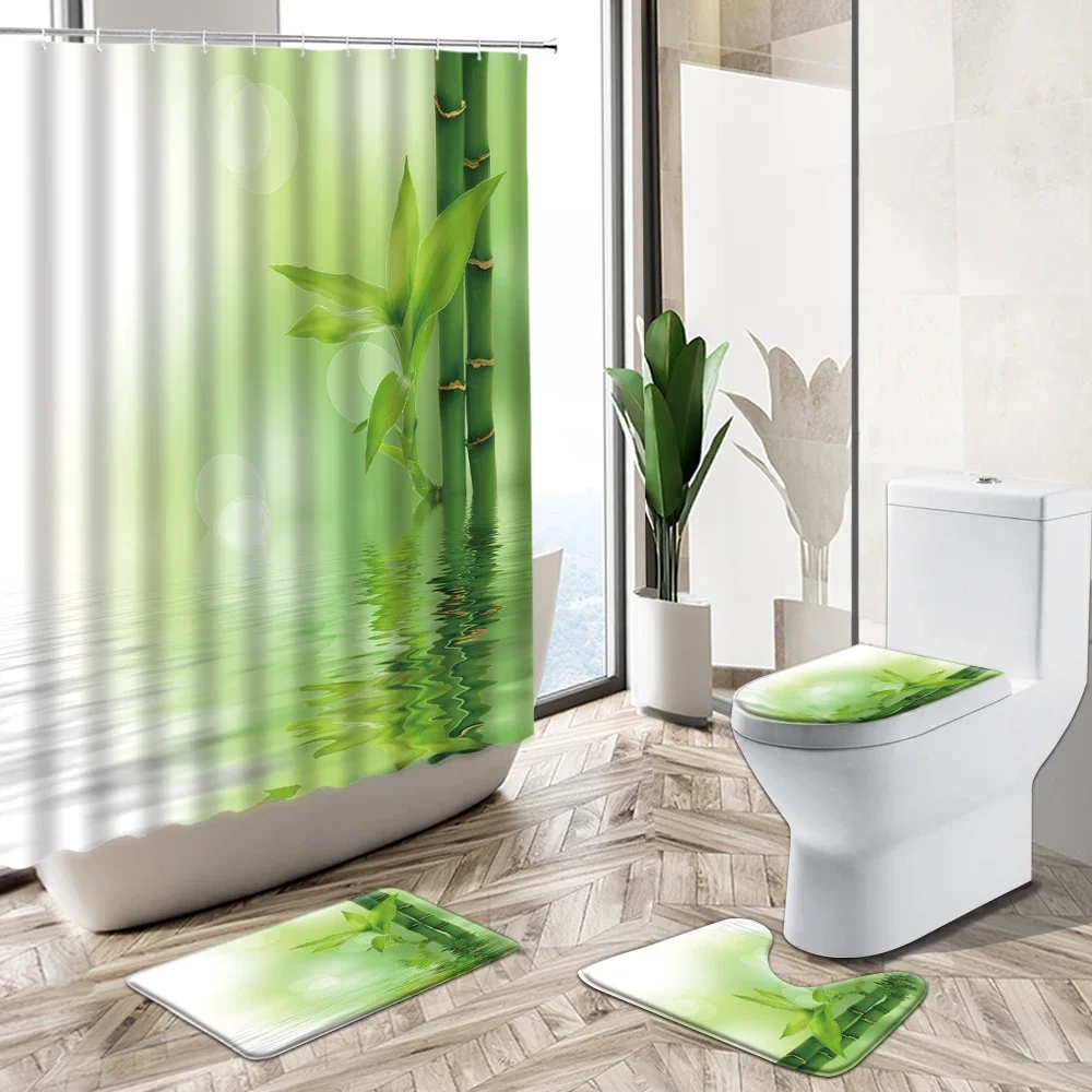 Green Bamboo Plant Flower Shower Curtain Set Butterfly Bird Water Reflection Spring Scenery Non-Slip Pedestal Rug Toilet Cover