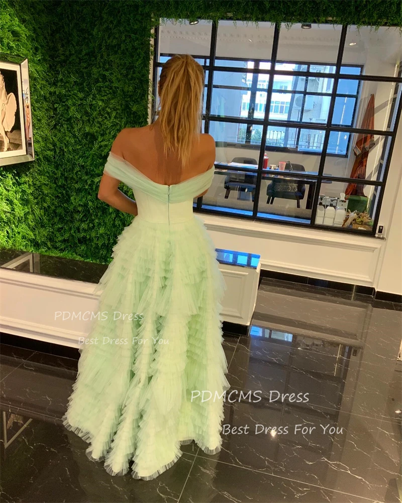 Mulheres fora do ombro Puffy Prom Dresses, babados em camadas bonitas, vestidos de festa de celebridades, vestido personalizado, verde moderno