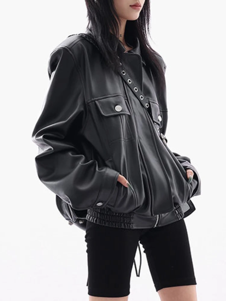 Imagem -05 - Jaqueta de Couro Preta Feminina Streetwear Moto Biker Zíper Casual High Street Tendência da Moda Falso Cabolsa Outwear Coreano