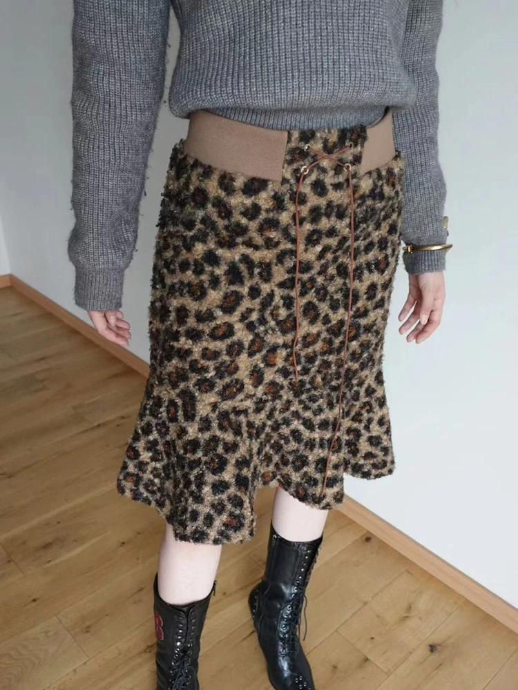Y2K Streetwear Leopard Skirt Women Vintage High Waist Lace Up Harajuku Skirts Sexy High Street Hottie Autumn Winter New Skirt