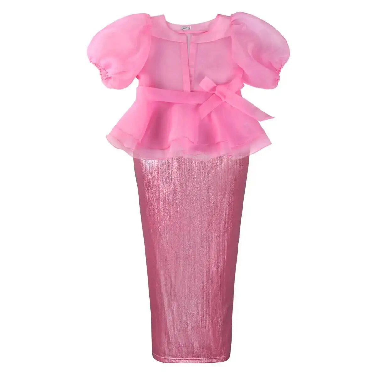 Ärmel Sexy Puff Sheer Bowknot Bluse Slim Fit, Figurbetontes Kleid Elegantes Zweiteiliges Set Designer 2025, Sommerkleid Robe Vestido Frauen