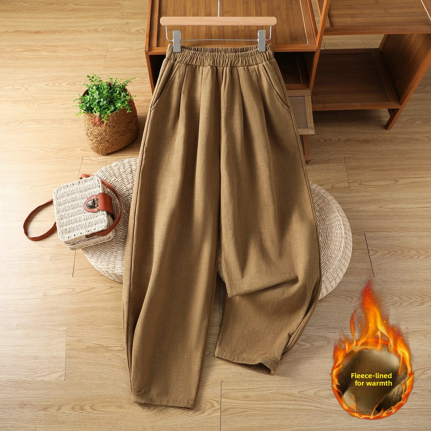 Thiened Fce 코튼 린넨 스트레이트 레그 팬츠 하이 웨이스트 롱 바지 여성 캐주얼 빈티지 예술적 바지