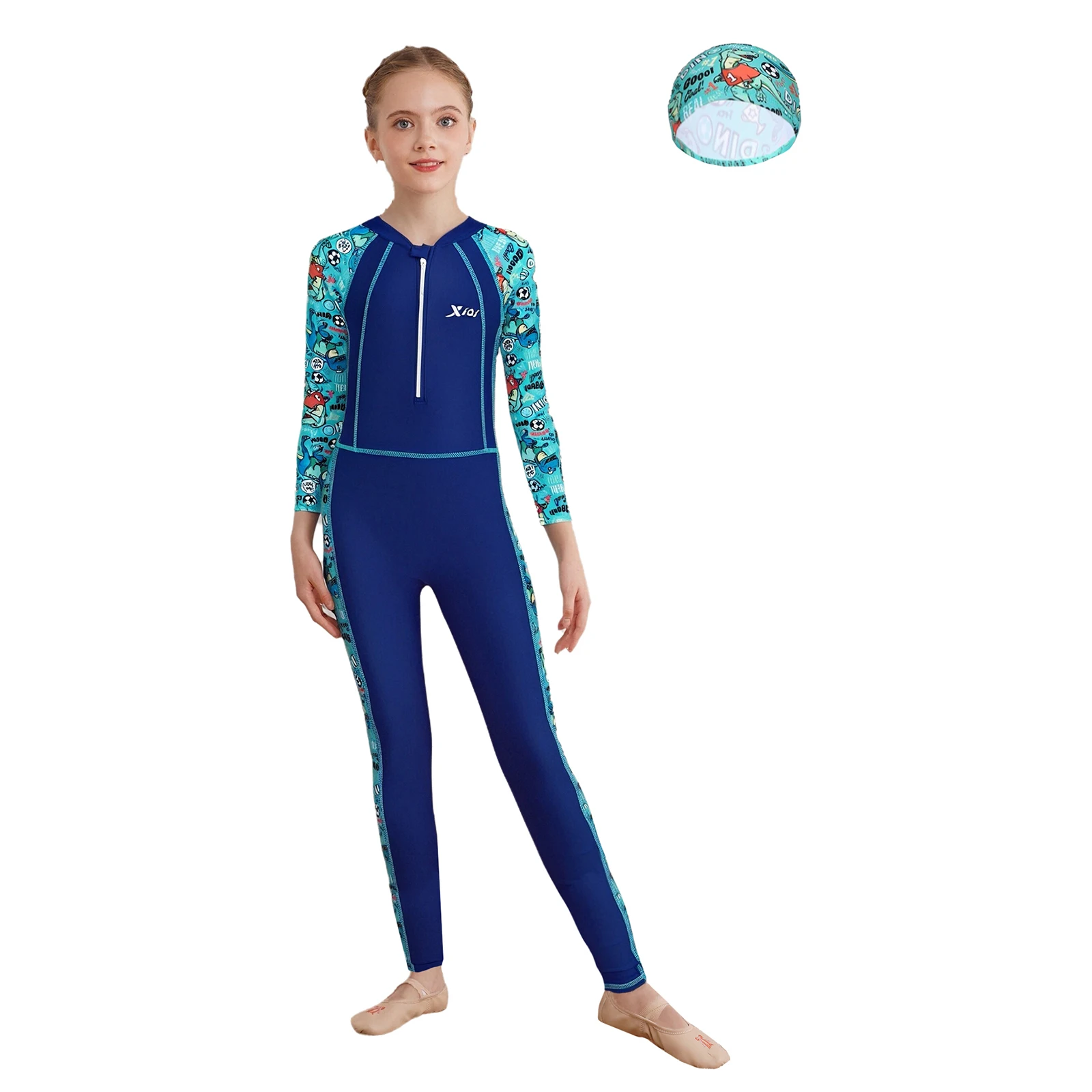 

Girls Summer Rash Guard Bathing Suit Cute Cartoon Print Swimsuit Front Zip Long Sleeves Bodysuit with Hat Sun Protection Outfit