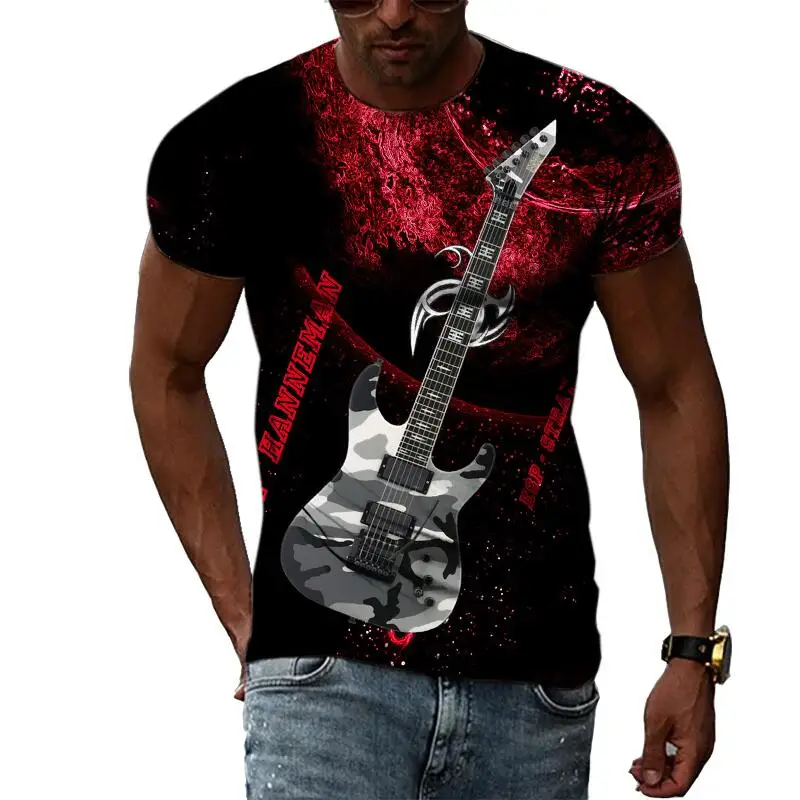 

New Tide Summer Fashion Guitar Picture T-shirts Casual Print Tees Hip Hop Personality Round Neck Short Sleeve Tops