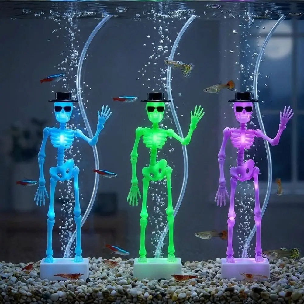 3D Printed Dancing Skeleton Aquarium Bubbler Wear Hat Sunglasses Plastic Dynamic Skeleton Bubbler Air Driven Gothic