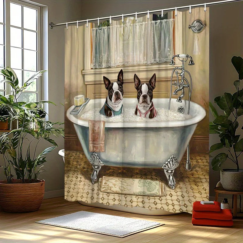 

1pc Boston Terrier Puppies Shower Curtain - Vintage Bathtub, Whimsical Painting, Polyester, 70.8x70.8", 12 Hooks, Washable