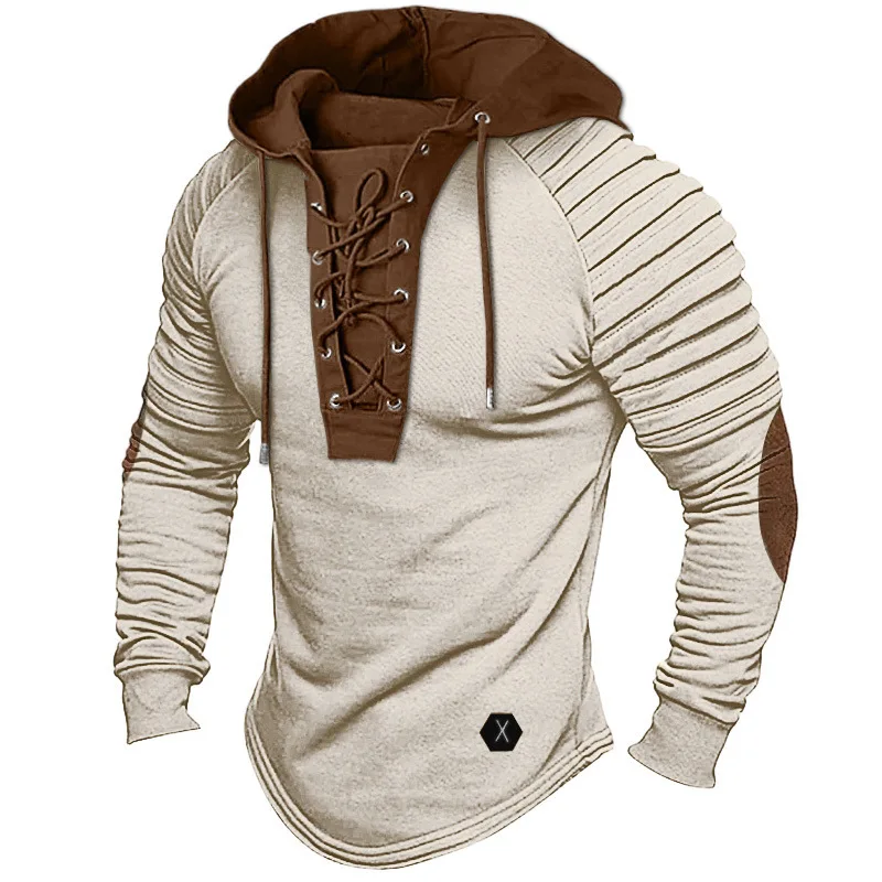 2024 Men's Solid Color Hooded T-shirt Top Pleated Hooded Street Long Sleeved Lace Up Basic Design Men Clothing Promo