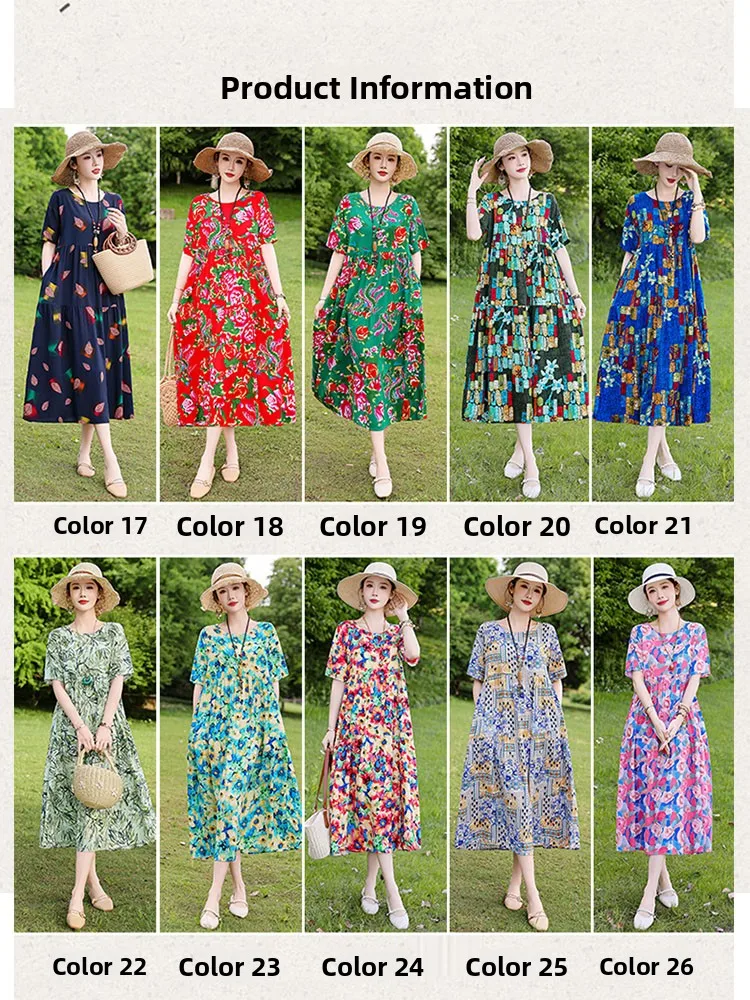 Ele Summer Cotton Silk Young Sle Thin ort Sve Beach Dr Classy Mom Dr Floral Print Loose Waist H-ape Gown