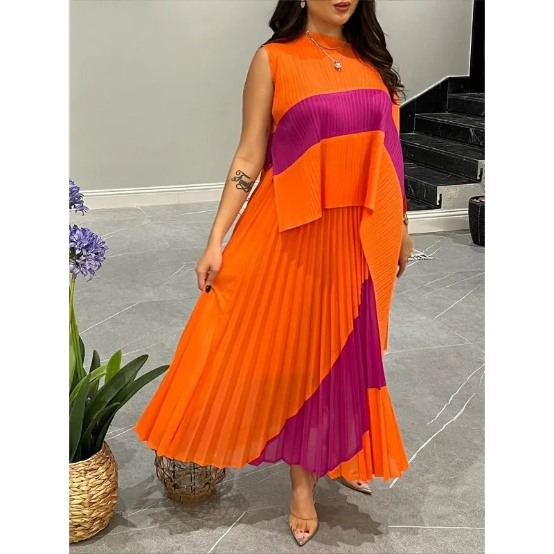 YUDX Summer Fashion Pleated Two Piece Set for Women 2024 New Irregular Shawl Top + Long Elastic Waist Swing A-line