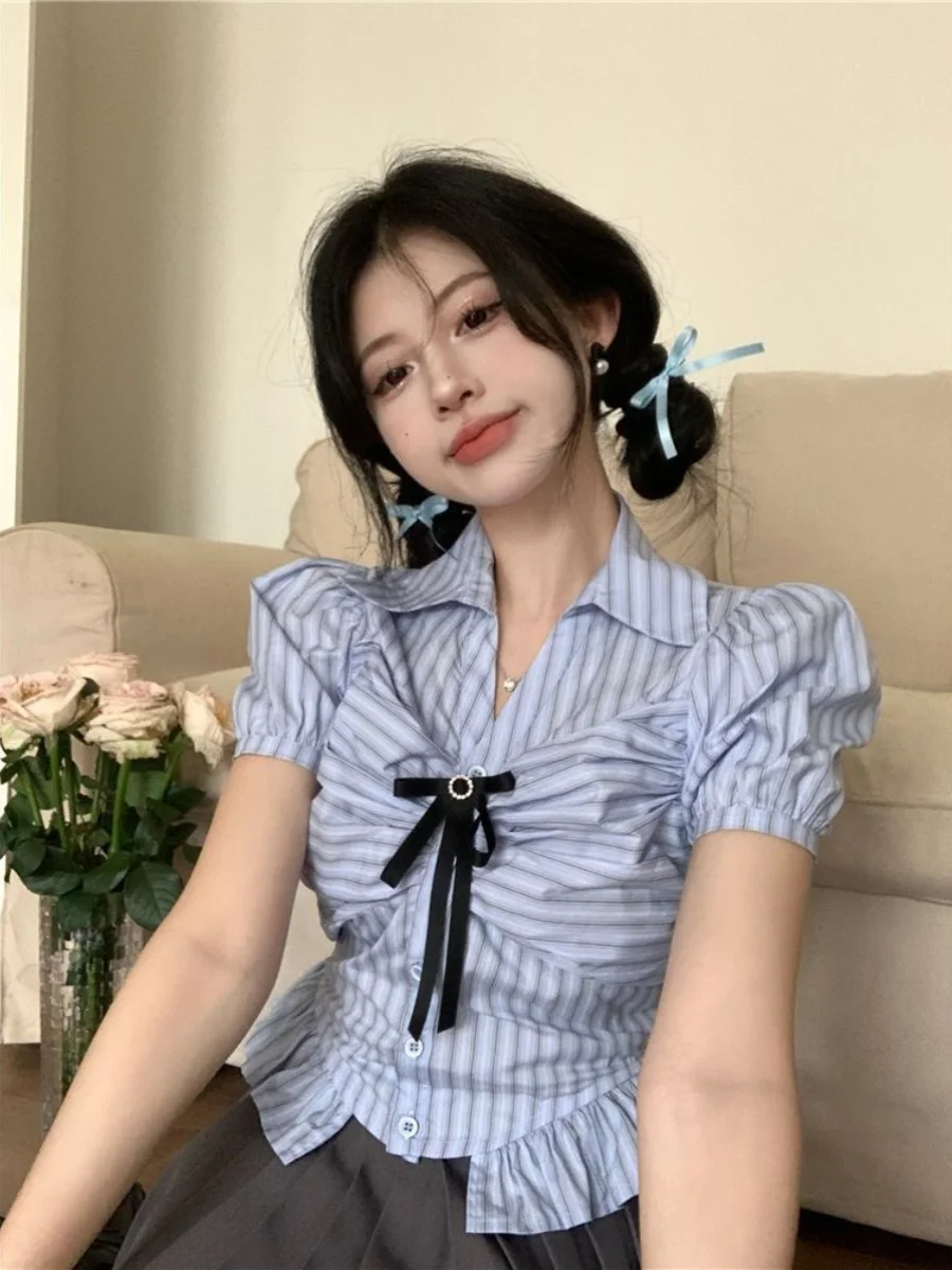 طقم تنورة صيفية مخططة باللون الأزرق من American College Sle، تنورة قصيرة بطيات حلوة وحارة، طقم مكون من قطعتين