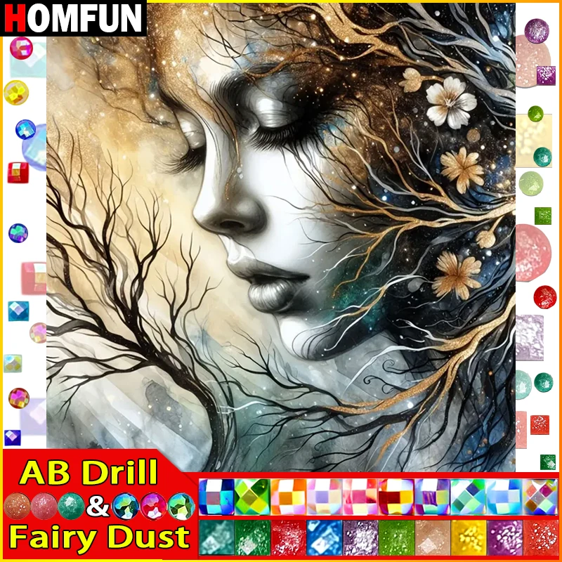 

HOMFUN Фея Пыль AB Алмазная вышивка DIY Набор алмазной живописи "Портрет Красота Дерево" 5D Рукоделие Алмазное украшение дома