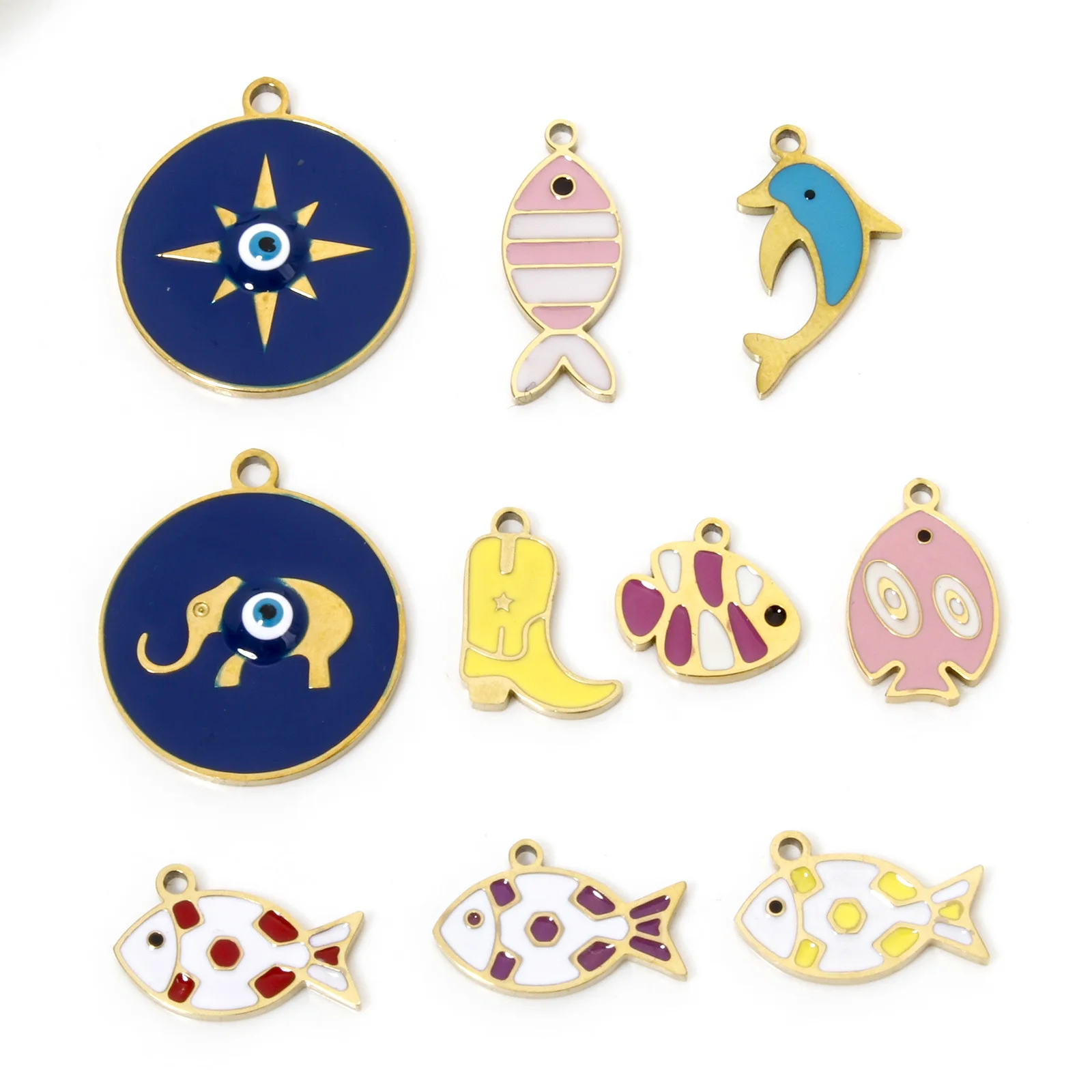 304 Stainless Steel Ocean Jewelry Charms Gold Color Animal Fish Dolphin Boots Enamel Pendants For Diy Necklace Bracelet，2 Piece