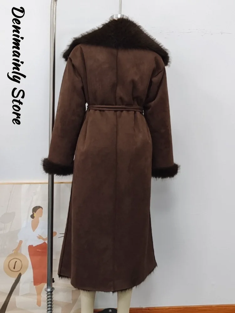 ファッションラグジュアリーフェイクファー付きロングトレンチコート レディース ベルト付き ラペル ストリート 暖かいオーバーコート 2025年冬 レディース 無地アウター 新作