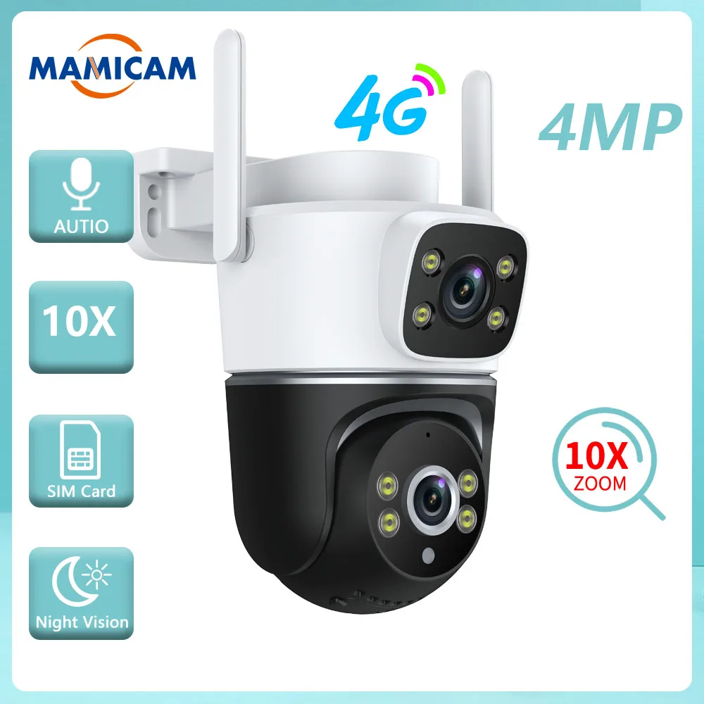 4MP 4G SIM Card Camera Video Surveillance Cameras IP WIFI Outdoor Dual Lens Alarm Color Night Security Protection Two Way Audio