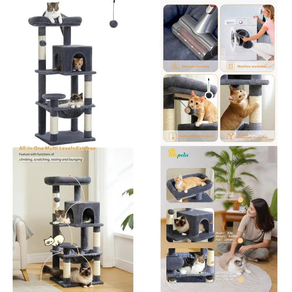 

5-уровневая большая кошачья башня с металлическим каркасом и гамаком для домашних кошек, идеально подходит для больших кошачьев, кондоминирование для кошек размером 17,3x15,3 дюйма с пла