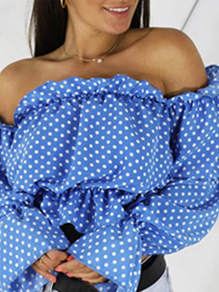 Candy Color Off Shoulder Crop Tops women Summer dot print lantern sleeve shirts Lady Sexy Slash neck beach blouse