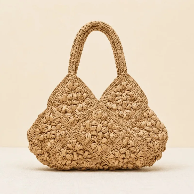 Exquisite Floral Summer Vacation Beach Bag Straw Three-dimensional Floral Handbag Stylish Large-capacity Hand-woven Tote Bag