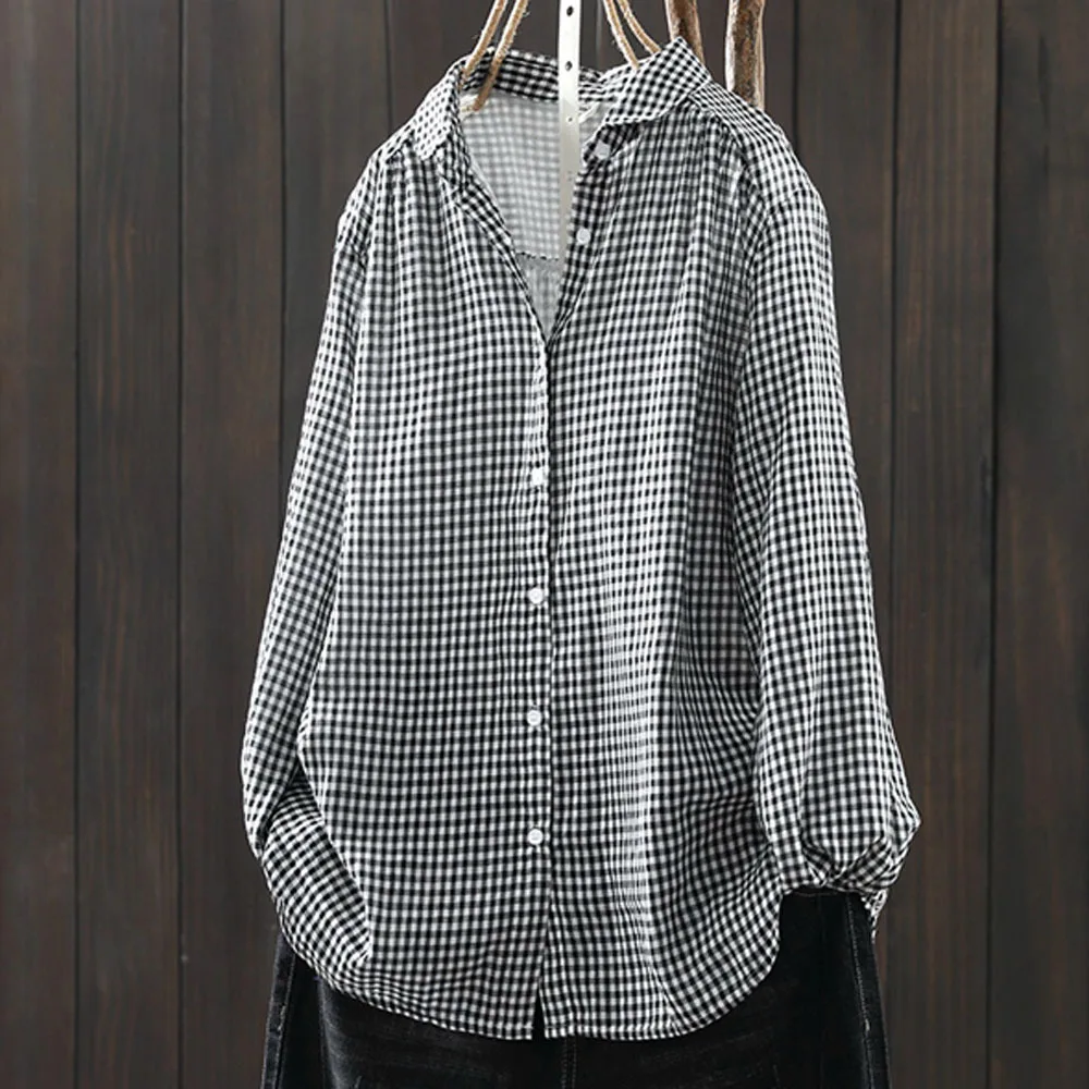 Fall clothes 2024 women cotton yarn dark green check shirts and blouse for women Japanese retro lapel long sleeve tops