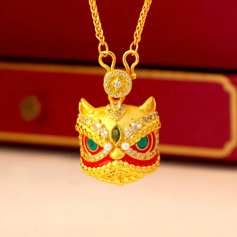 Point diamond enamel color lion pendant for women Chinese style simple 9999gold