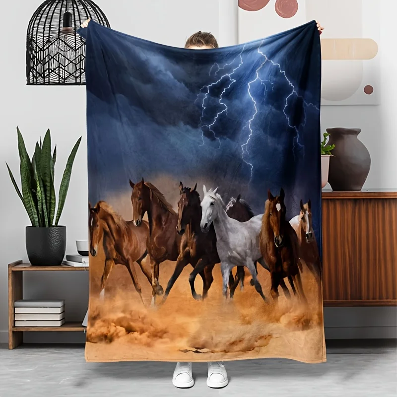 Lightning Storm Wild Horses Pattern Flannel Blanket Lightweight Warm Plush Throw Blanket Galloping Steeds Desert Dust Art Decor