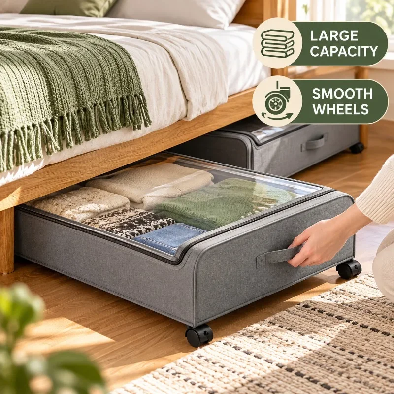 Under Bed Storage Organizer with Wheels, Clear Dustproof Zipper Box for Clothes, Throws, Bedding, Low Profile Rolling Closet Bin