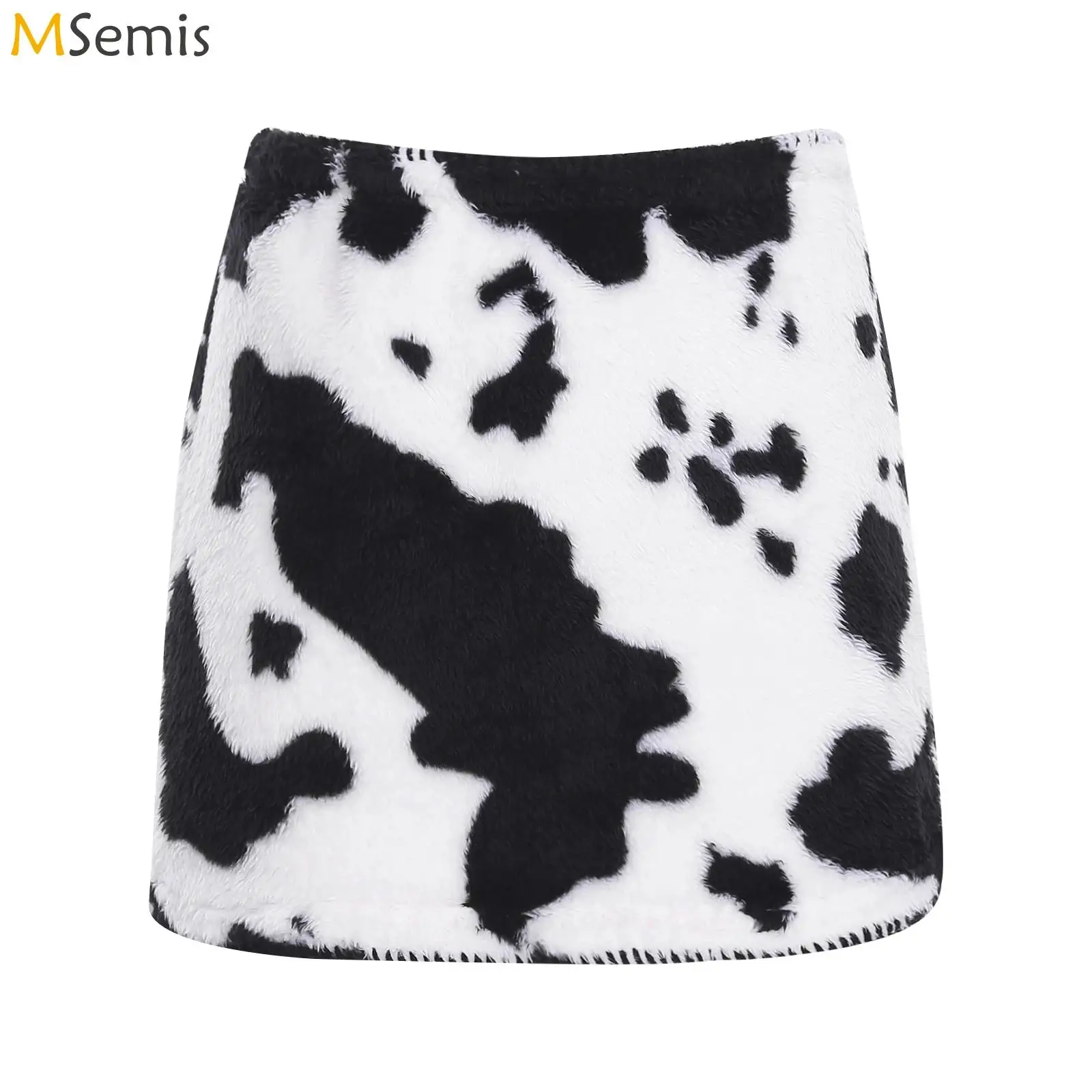

Womens Stretchy Waistband Mini Skirts Cow Print Low Rise Themed Party Music Festival Costume Faux Fur Fuzzy Bodycon Mini Skirt
