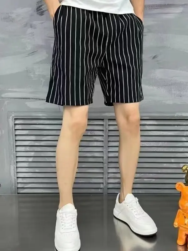 

Летние мужские брюки из тонкого ледяного шелка Qui Dry Stripe, корейские модные облегающие пляжные брюки с пятью четвертью, повседневные брюки