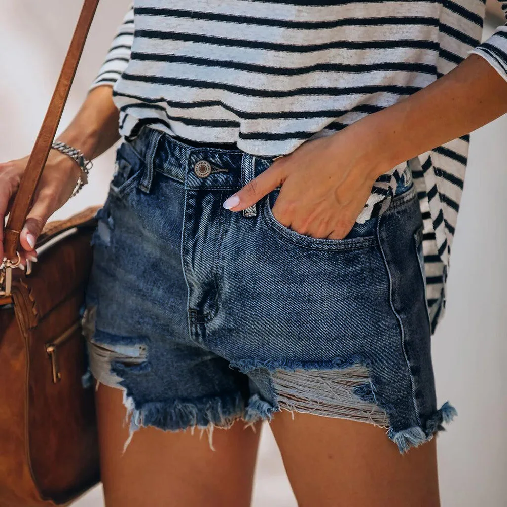 2025 sommer Neue frauen Zerrissene Denim Shorts Mode Hohe Elastische Quaste Gerade Jeans Shorts Casual Sexy Damen Shorts