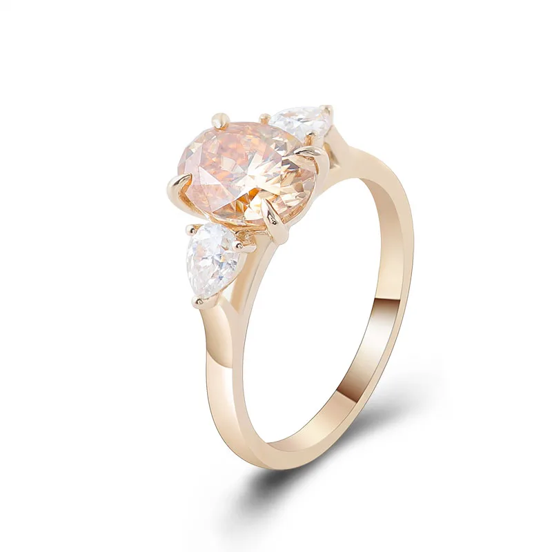 Provence 10K Yellow Gold Three Stone Ring With 6*8mm Oval Champagne Moissanite Diamond For Women Engagement Ring Party Gift