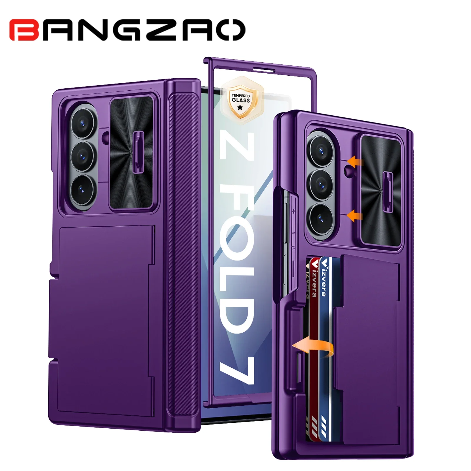 

Shockproof Case for Galaxy Z Fold 7 with Card Holder, Slide Camera Cover,RFID Blocking,Military Grade Drop Protection-Purple