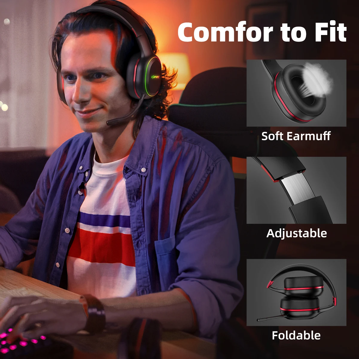 Kofire UG-05 Gaming Headphones 2.4G BT5.0 Bezprzewodowy zestaw słuchawkowy z mikrofonem RBG Light Vibration Bluetooth Earphone For PS4 PS5 PC Switch — zdjęcie produktu 5