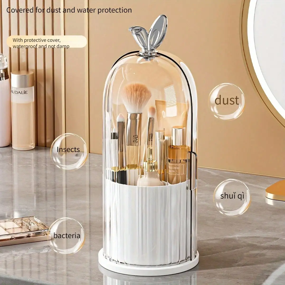 

360° Rotation - A Dust-Proof, Water-Proof And Mosquito-Proof Makeup Organizer With A Transparent Lid, Featuring Compartments. It Is Suitable For Storing Brushes, Lipsticks And Skincare Products. A Rotatable Makeup Brush Stand With A Transparent Lid. A Des