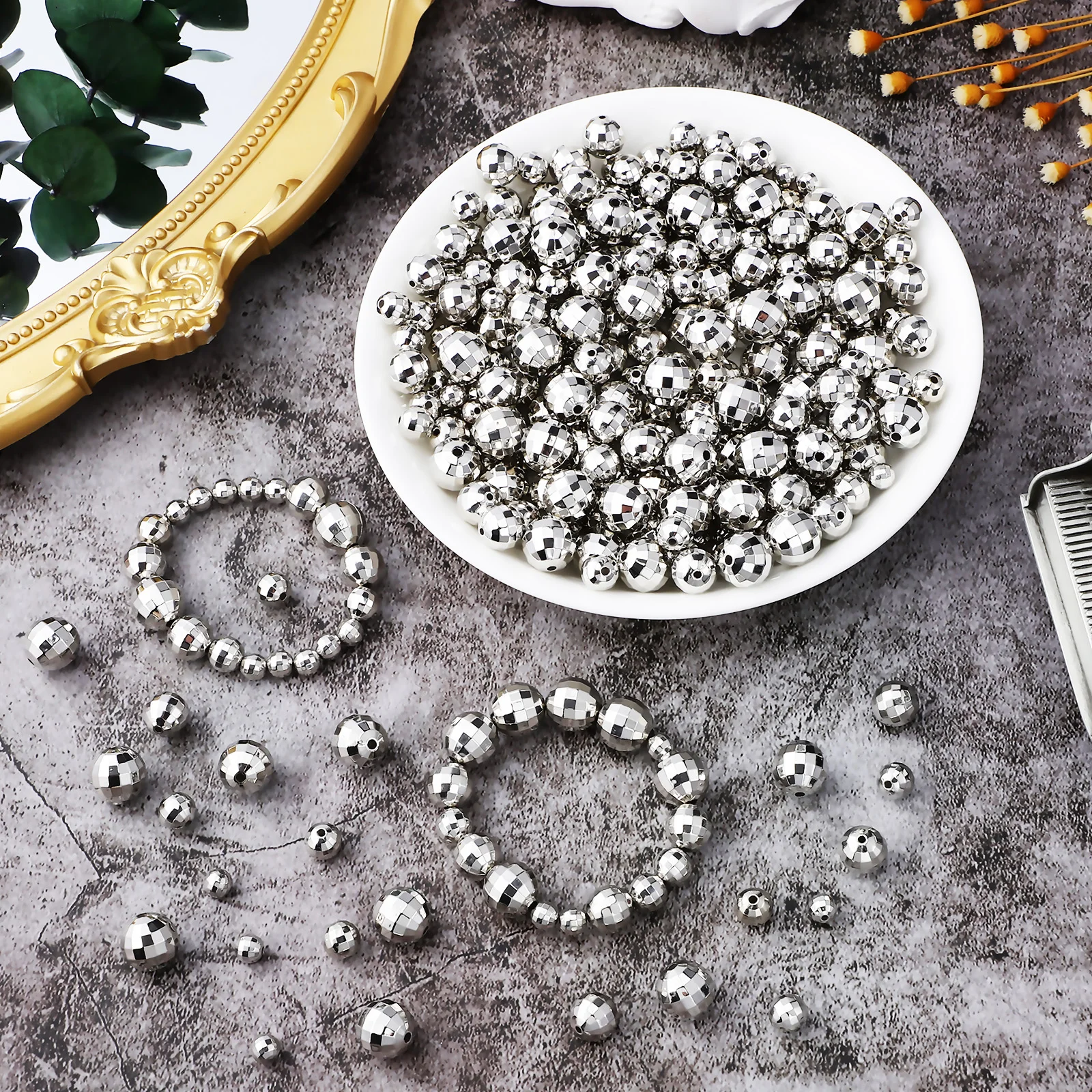 120 Pcs Acrylic Round Chunky Small Spacer Mirror Charm Beads for Bracelets Jewelry Making Mini Disco Versatile