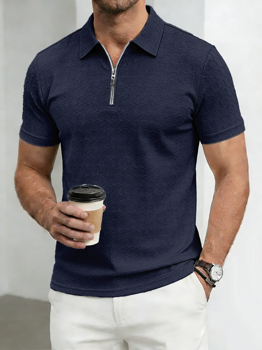 

Men's breathable plain-color casual Polo shirt - short sleeve style - simple and fashionable lightweight elasticated sports Polo