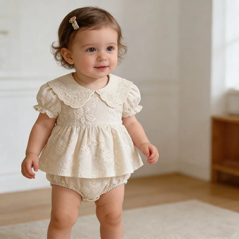 Girls Onesie 2026 Spring and Summer New Childrens Wear Korean Style Girl Baby Foreign Style Embroidery Short-sleeved Onesie