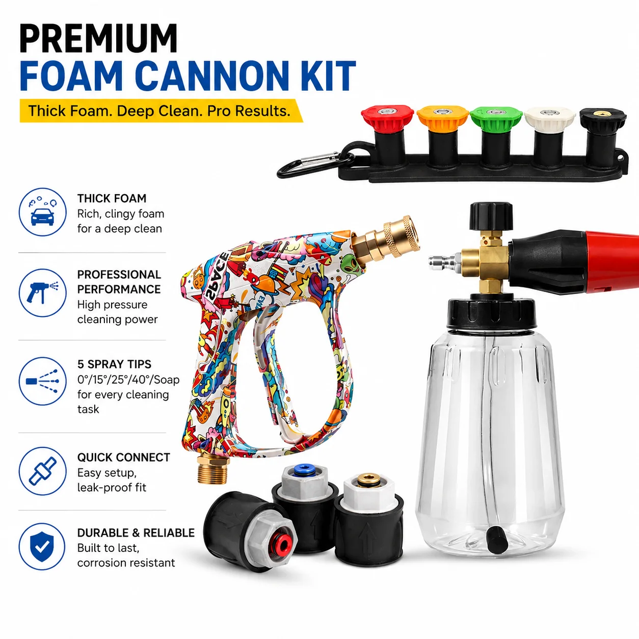 High Pressure Car Wash Gun with Quick Connector & Multi Spray Nozzles, Compatible with Karcher, Nilfisk, Parkside and Bosc