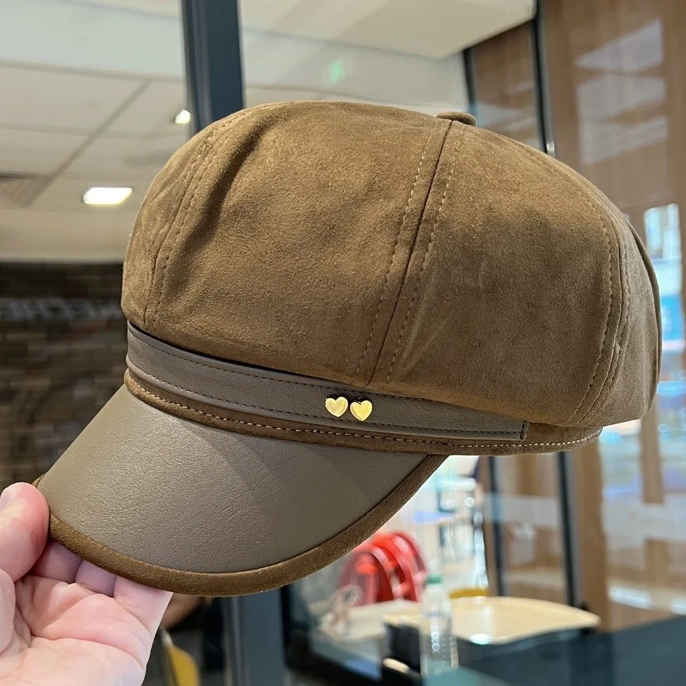 New Faux Leather Women's Octagonal Newsboy Cap Love Sun-Shading Brim Duckbill Cap Spliced Baker Boy Hat Fall Winter Wear