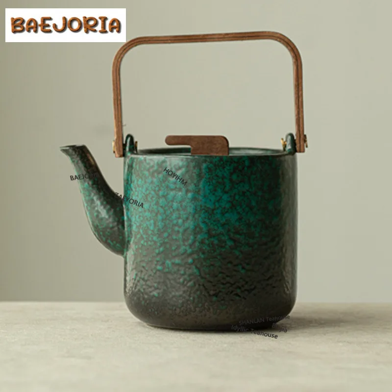 Turquoise Green Lifting Handle Teapot Retro Tea Infuser Pot Household Tea Brewing Kettle With Filter Tea Ceremony Accessories