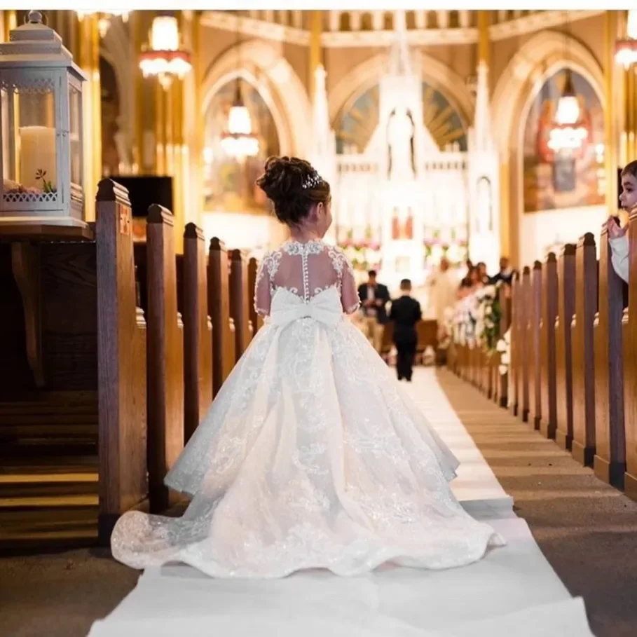 Vestido longo com arco talão para a menina, luxuoso vestido de baile, vestido da princesa, Santo Primeira Comunhão Veste, bola de aniversário, menina flor