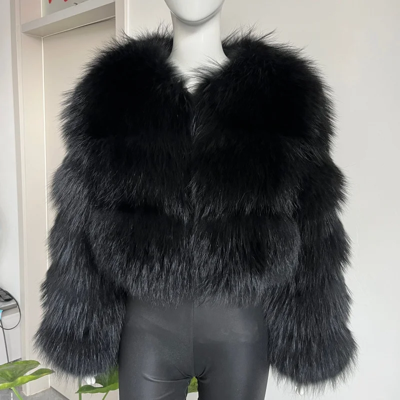 BEIZIRU Women's Short Real Raccoon Fur Coat Winter Long Sleeve