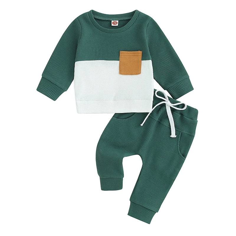 

Blotona Baby Boy Clothes Fall Winter Waffle Knit Contrast Color Sweatshirt Tops Casual Pants Set Toddler 2Pcs Outfit