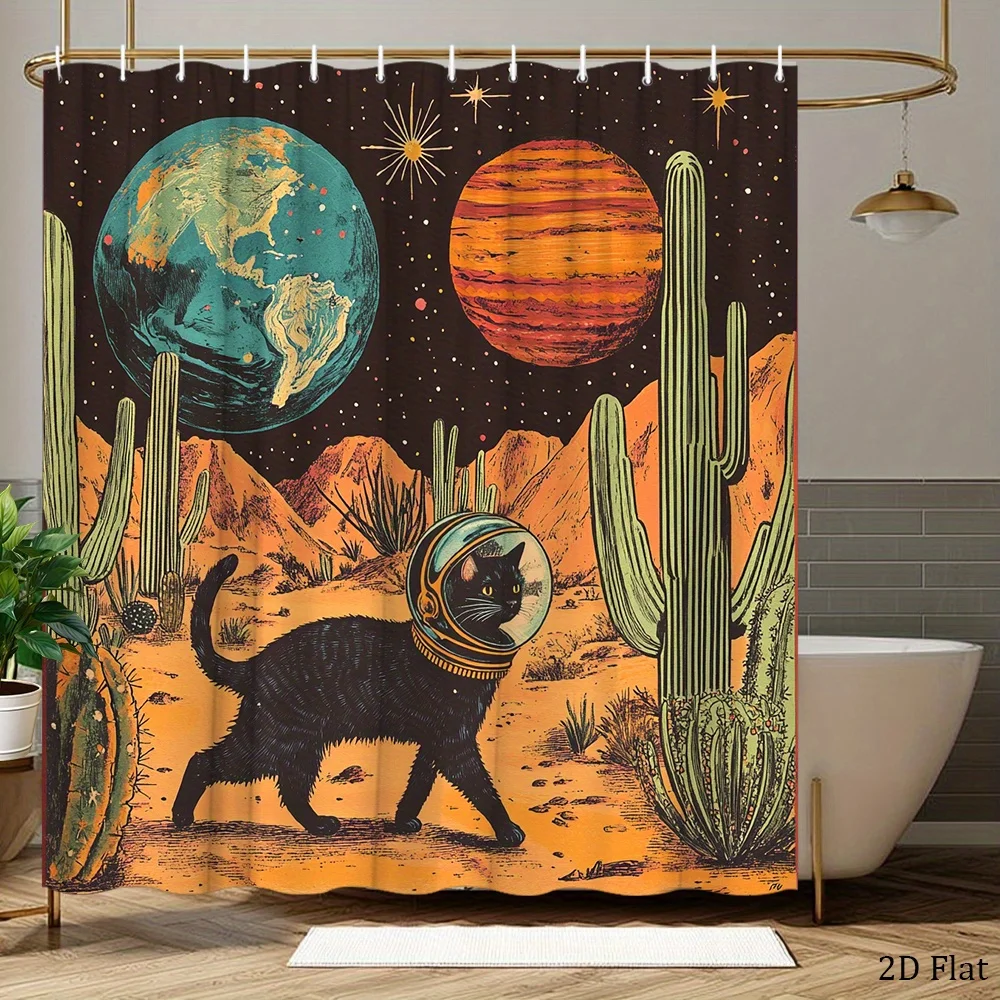 Cortina de ducha Retro Space Cat, diseño de astronauta felino en un planeta desértico, tela de poliéster, decoración para el baño, accesorios, 1 ud.